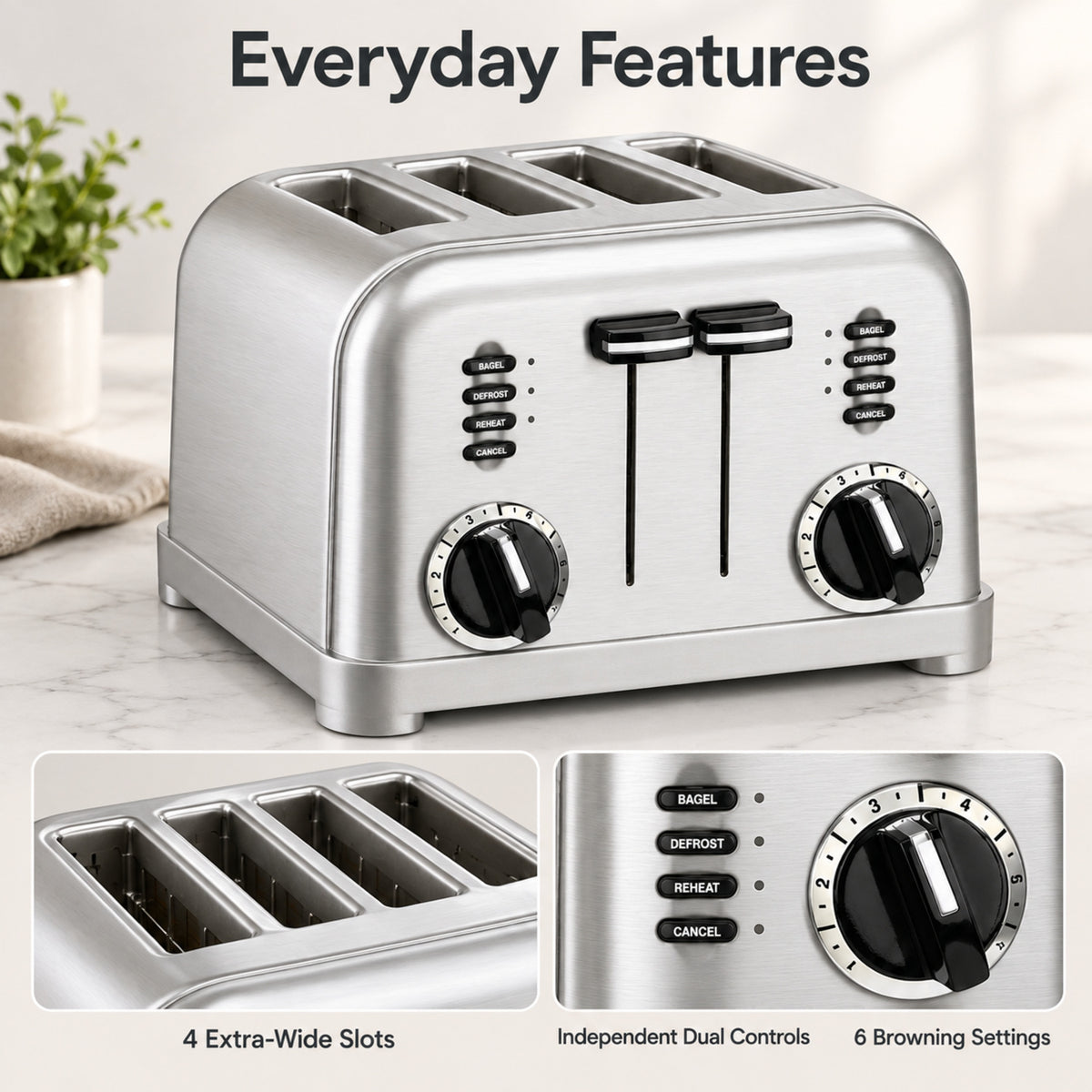 4-Slice Stainless Steel Toaster with Dual Controls