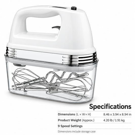 9-Speed Hand Mixer with Attachments and Storage Case, White