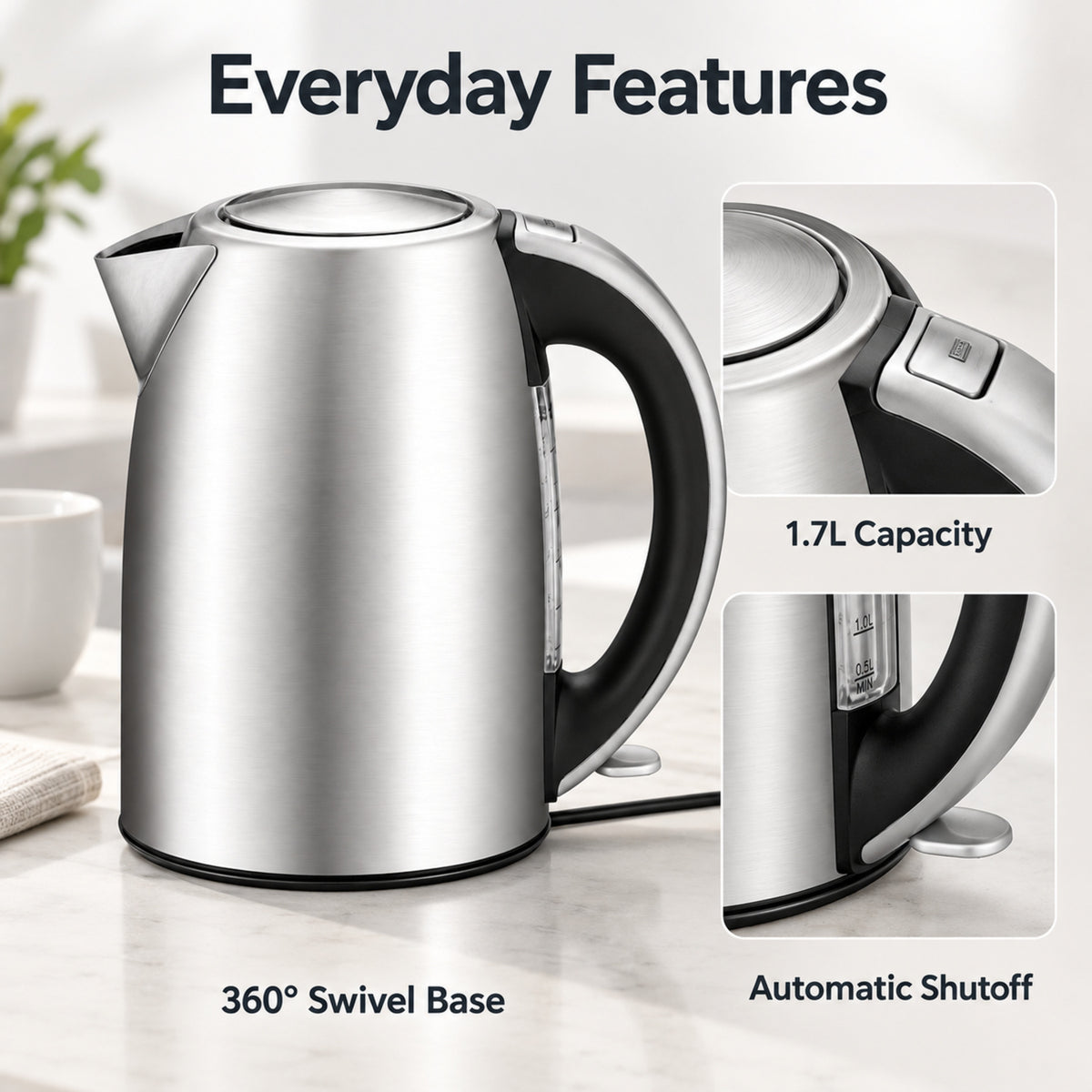 1.7L Stainless Steel Electric Kettle with Auto Shutoff