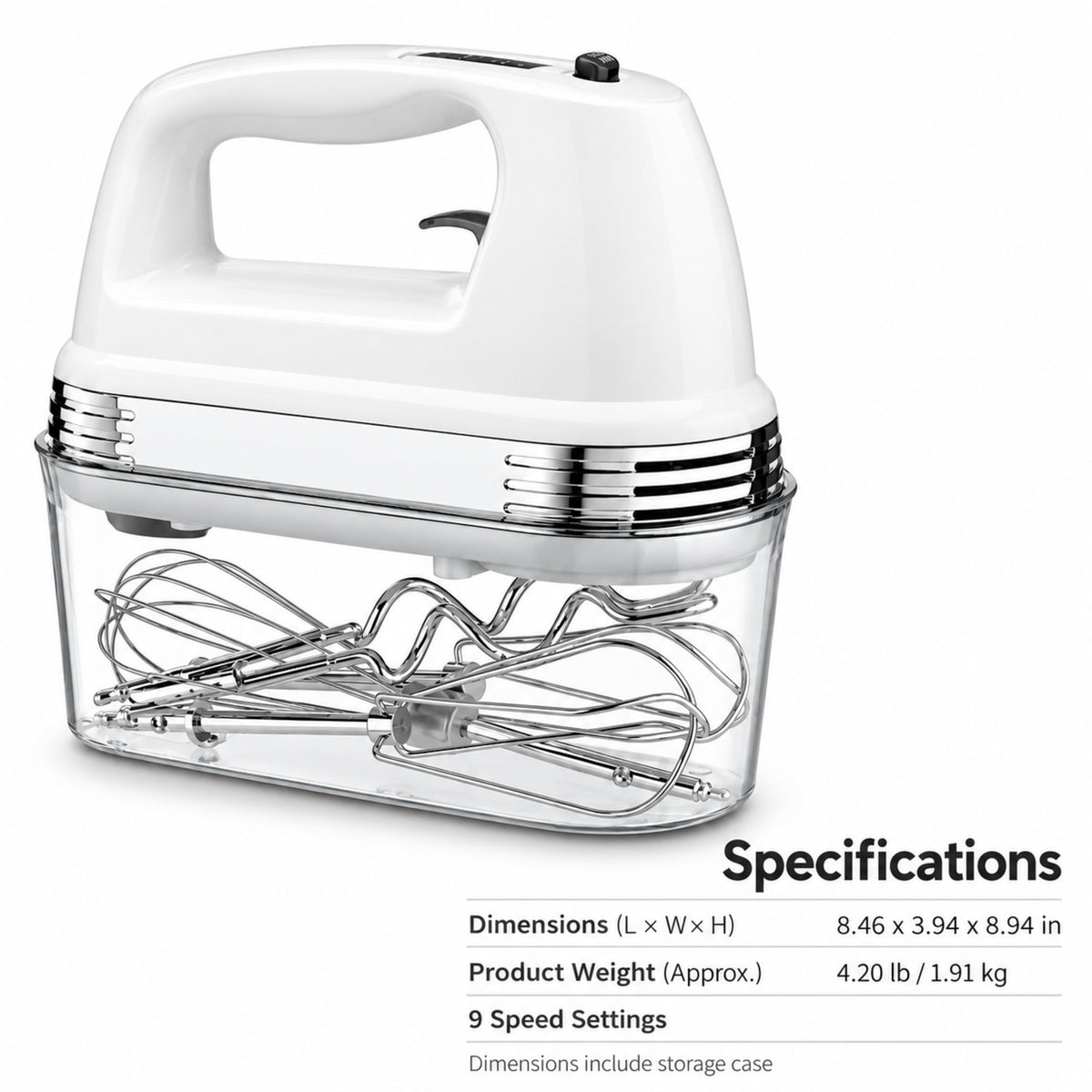 9-Speed Hand Mixer with Attachments and Storage Case, White