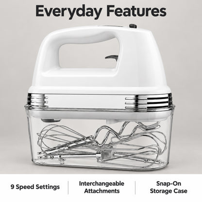 9-Speed Hand Mixer with Attachments and Storage Case, White